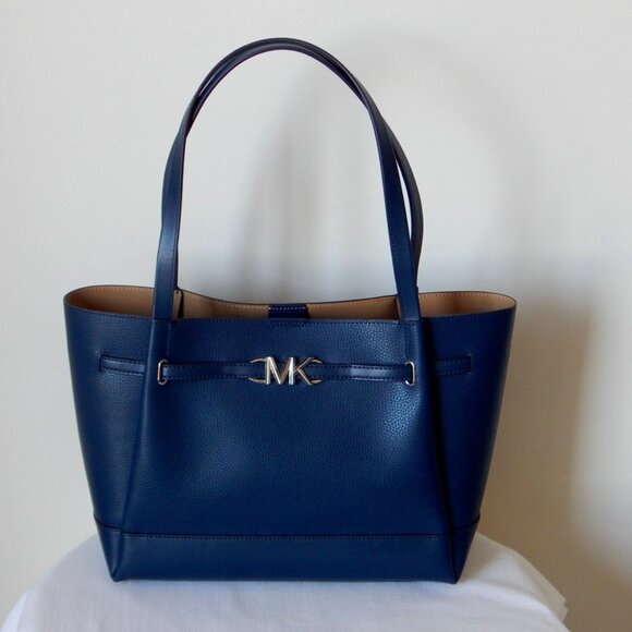 Michael Kors REED Leather Large Belted Tote Shoulder Bag Navy NWT - Picture 1 of 10
